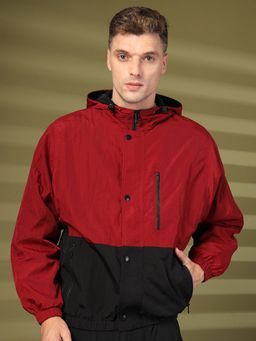 CHKOKKO - Mens Maroon Colorblock Full Sleeves Hooded Jacket