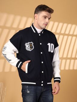 CHKOKKO - Mens Oversized Winter Wear Varsity Jacket with Ribbed Cuffs Navy Blue