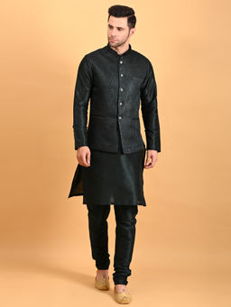 Uri and MacKenzie - Green Solid Woven Kurta with Nehru Jacket and Pyjama