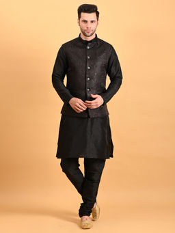 Uri and MacKenzie - Black Solid Woven Kurta with Nehru Jacket and Pyjama