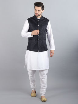 Uri and MacKenzie - White Solid Woven Kurta with Nehru Jacket and Pyjama