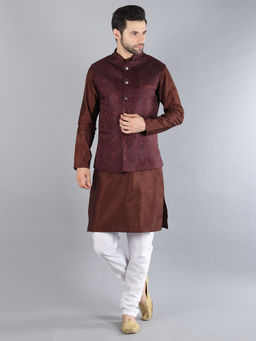 Uri and MacKenzie - Brown Solid Woven Kurta with Nehru Jacket and Pyjama