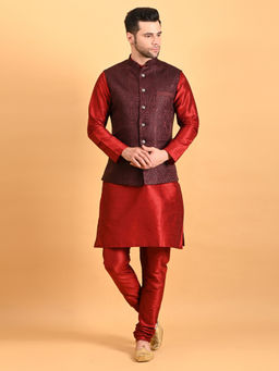 Uri and MacKenzie - Maroon Solid Woven Kurta with Nehru Jacket and Pyjama