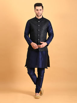 Uri and MacKenzie - Navy Blue Solid Woven Kurta with Nehru Jacket and Pyjama