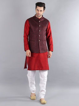 Uri and MacKenzie - Red Solid Woven Kurta with Nehru Jacket and Pyjama