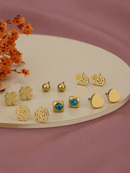 Carlton London - 18Kt Gold Plated Stainless Steel Cz Stud Earrings (Pack Of 6)