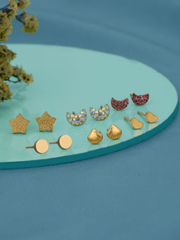 Carlton London - 18Kt Gold Plated Stainless Steel Stud Earrings (Pack Of 6)