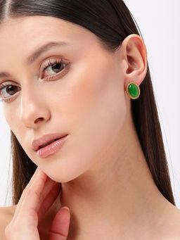 Carlton London - 18Kt Gold Plated Stainless Steel Green Emerald Stone Bold Stud Earrings