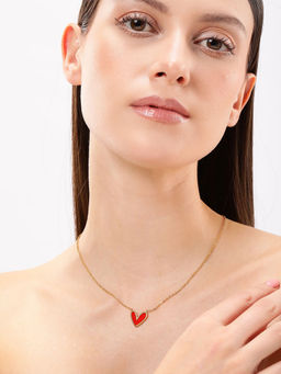 Carlton London - 18Kt Gold Plated Stainless Steel Red Enamel Heart Necklace