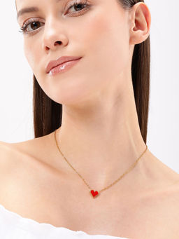 Carlton London - 18Kt Gold Plated Stainless Steel Red Heart Enamel Necklace