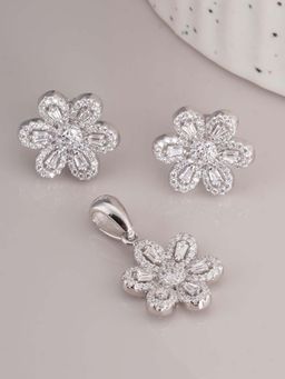 Palmonas - 925 Sterling Silver Floral Cz Pendant and Earrings Set