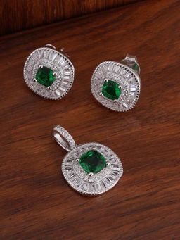 Palmonas - 925 Sterling Silver Green Crystal Halo Pendant Earrings Set