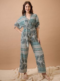 Globus - Green Printed Regular Fit Jumpsuit and Belt
