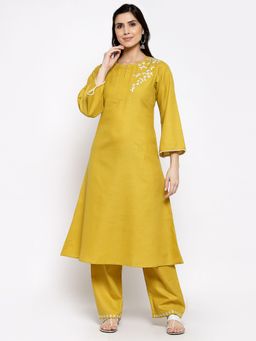 DART STUDIO - Embroidered Cotton Kurta And Palazzo Yellow (Set of 2)