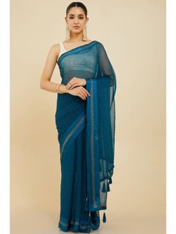 Soch - Women Blue Chiffon Embroidered Saree with Unstitched Blouse