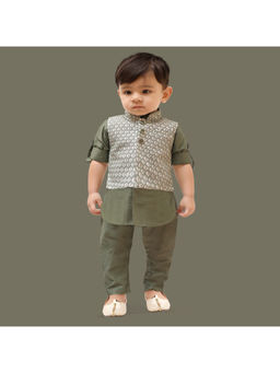 ETHNIKS NEURON - Boys Green Printed Cotton Kurta with Pyjama & Jacket (Set of 3)