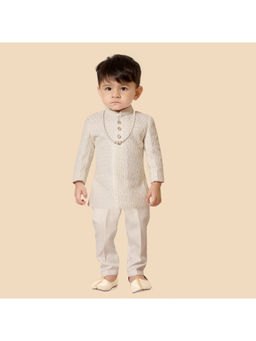 ETHNIKS NEURON - Boys Cream Net Fabric Indo Printed Kurta with Pyjama (Set of 2)