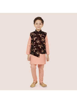 ETHNIKS NEURON - Boys Peach Printed Kurta with Pyjama & Jacket (Set of 3)