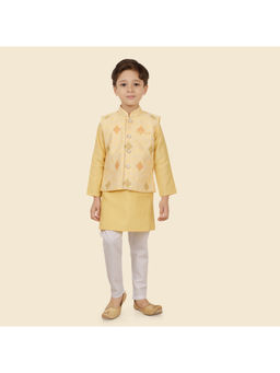 ETHNIKS NEURON - Boys Yellow Printed Kurta with Pyjama & Jacket (Set of 3)