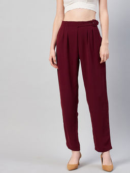 Marie Claire - Women Casual Maroon Colour Solid Pleated Regular Trousers