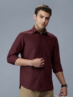 Kenneth Cole - Men's Maroon Collar Neck Solid Slim Fit Shirt