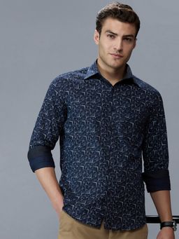 Kenneth Cole - Men's Collar Neck Navy Blue Geometric Slim Fit Shirt