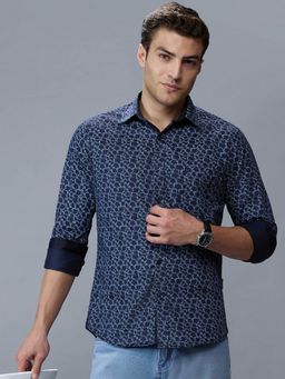 Kenneth Cole - Men's Navy Blue Collar Neck Geometric Slim Fit Shirt