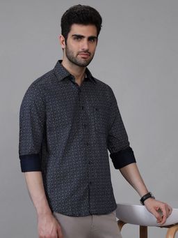 Kenneth Cole - Men's Navy Blue Collar Neck Abstract Slim Fit Shirt