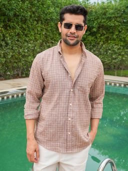 Perch - Men's Rust Linen Collar Neck Checks Slim Shirt