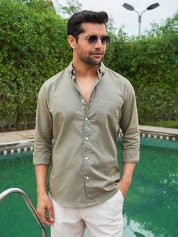 Perch - Men's Khaki Linen Collar Neck Solid Slim Shirt