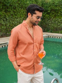 Perch - Men's Orange Linen Collar Neck Solid Slim Shirt