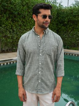 Perch - Men's Green Linen Collar Neck Stripes Slim Shirt