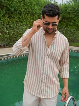 Perch - Men's Rust Collar Neck Stripes Slim Shirt