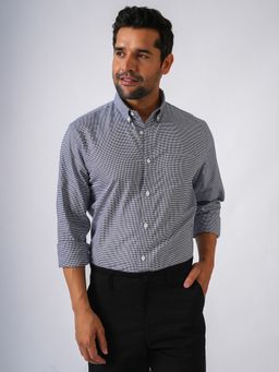 Perch - Men's Blue Cotton Collar Neck Checks Slim Shirt