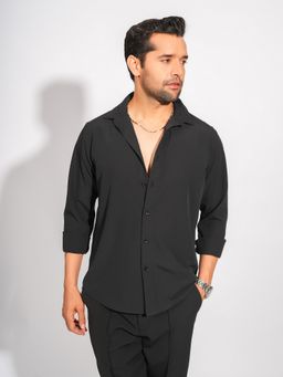 Perch - Men's Black Crepe Collar Neck Solid Slim Shirt