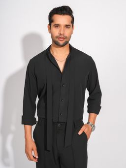 Perch - Men's Black Crepe Mandarin Neck Solid Slim Shirt with Tie