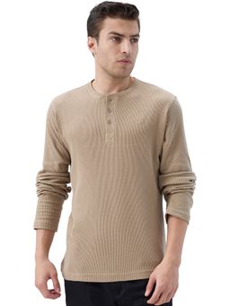 Park Avenue - Beige Cotton Blend Crew Neck Textured T-Shirt