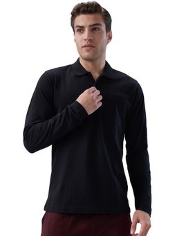 Park Avenue - Black Cotton Blend Collar Neck Solid/Plain Polo T-Shirt