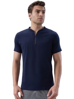 Park Avenue - Blue Pure Cotton Mandarin Neck Solid/Plain T-Shirt