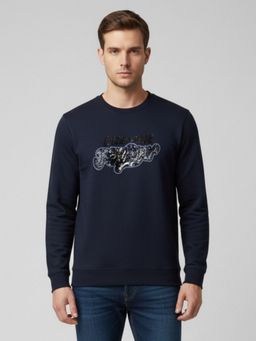 Parcel Yard - Navy Blue Round Neck Printed Full Sleeves Sweatshirt