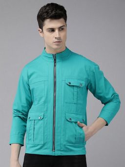 Voxati - Men's Denim Turquoise Solid Mandarin Neck Jacket