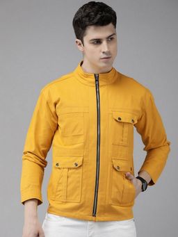 Voxati - Men's Denim Yellow Solid Mandarin Neck Jacket