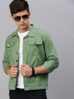 Voxati - Men's Denim Green Solid Collar Neck Jacket