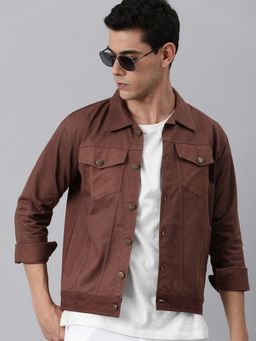 Voxati - Men's Denim Brown Solid Collar Neck Jacket