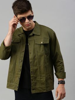 Voxati - Men's Denim Olive Solid Collar Neck Jacket
