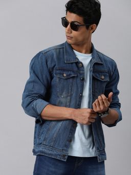 Voxati - Men's Denim Blue Solid Collar Neck Jacket