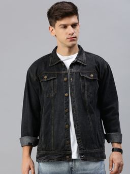 Voxati - Men's Denim Solid Collar Neck Grey Jacket