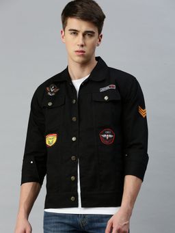 Voxati - Men's Denim Black Solid Collar Neck Jacket