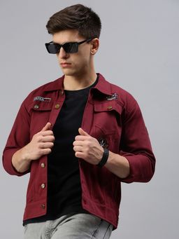 Voxati - Men's Denim Maroon Solid Collar Neck Jacket