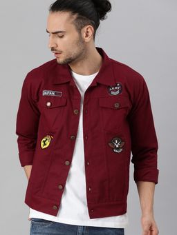Voxati - Men's Denim Maroon Solid Collar Neck Jacket